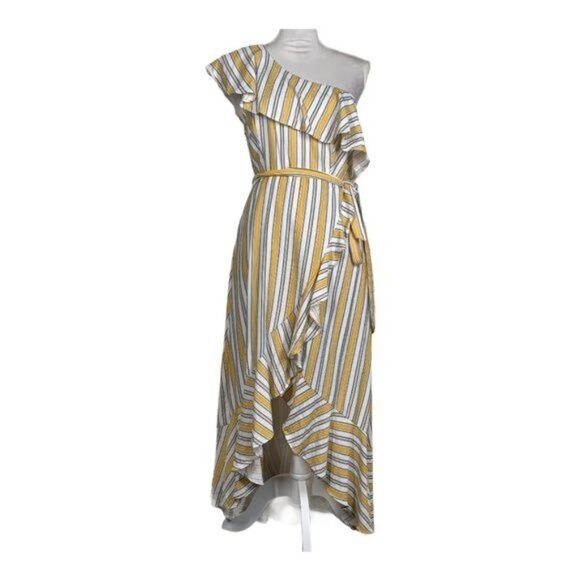 Lulus Dresses & Skirts - Lulus One Shoulder Maxi Dress Medium Yellow Striped Ruffle Boho